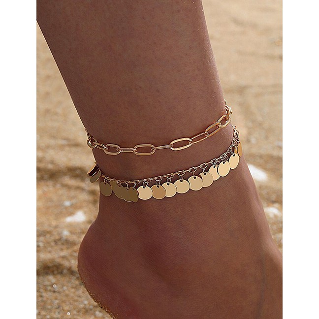 LRC Gelang Kaki Fashion Golden Thick Chain Tassel Water Drop Disc Multilayer Anklet P06604