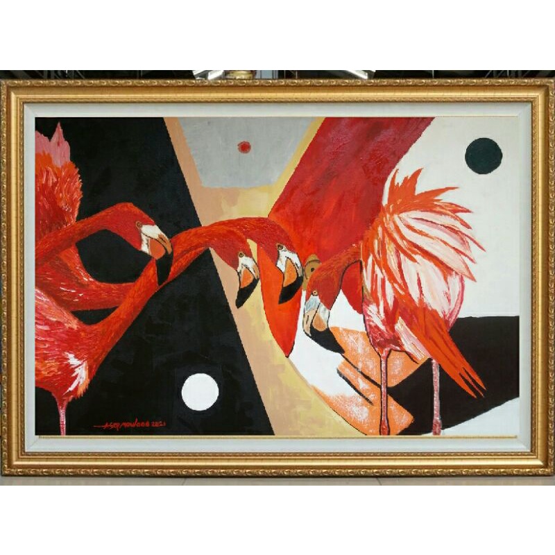 lukisan burung flamingo size 100 x 150 cm acrylik dikanvas bersertifikat