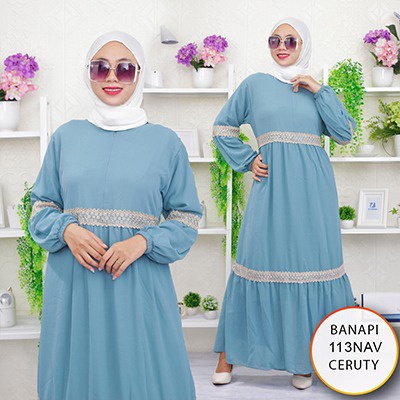 Gamis Wanita Ceruty Furing Busui Sleting Variasi Renda Tangan Balon Banapi