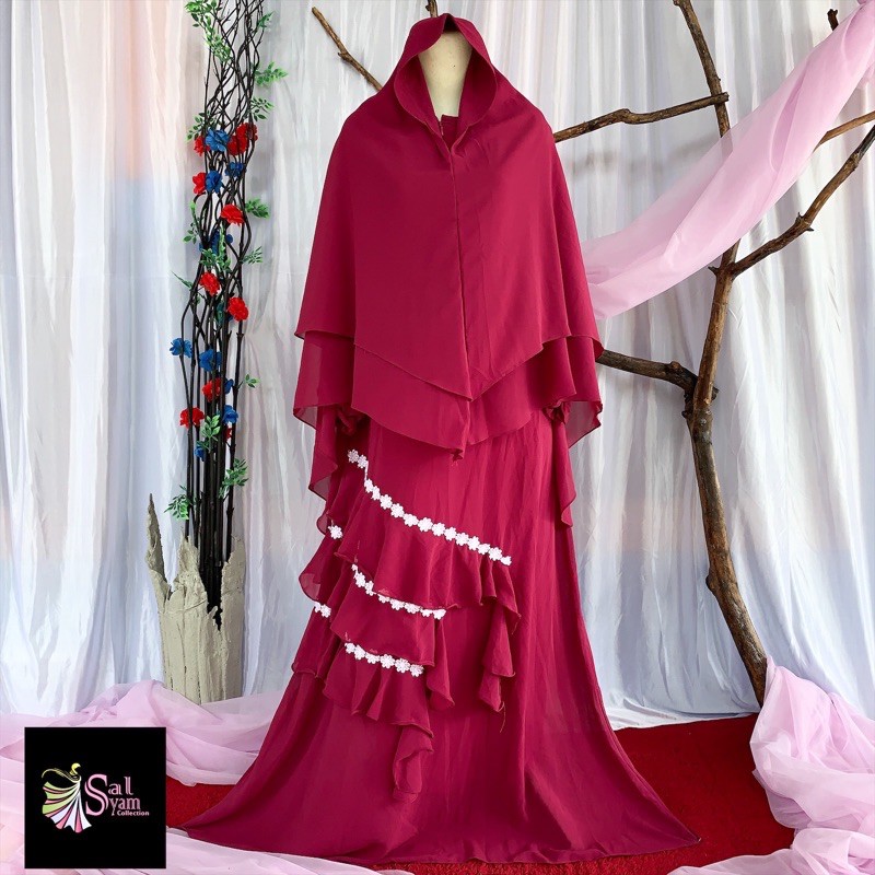 Gamis Ceruti Terbaru Murah Syari Set Hijab Khimar Ceruty 2 Layer Warna Magenta Kombinasi Renda
