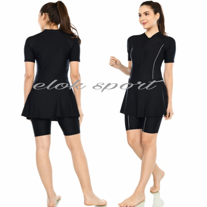 baju renang diiving wanita polos cup bh - hitam lis putih, M