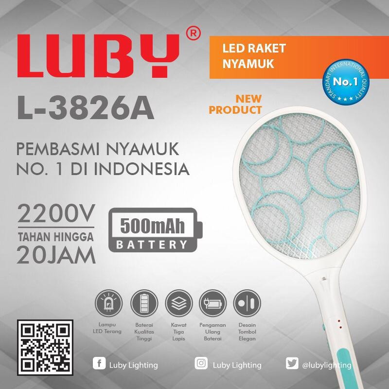 Luby L-3826A / L-3881 / L-3882 / L-3883  Raket Nyamuk Luby Cas Rechargeable Mosquito Swatter L3826A / L3881 / L3882 / L3883 luby