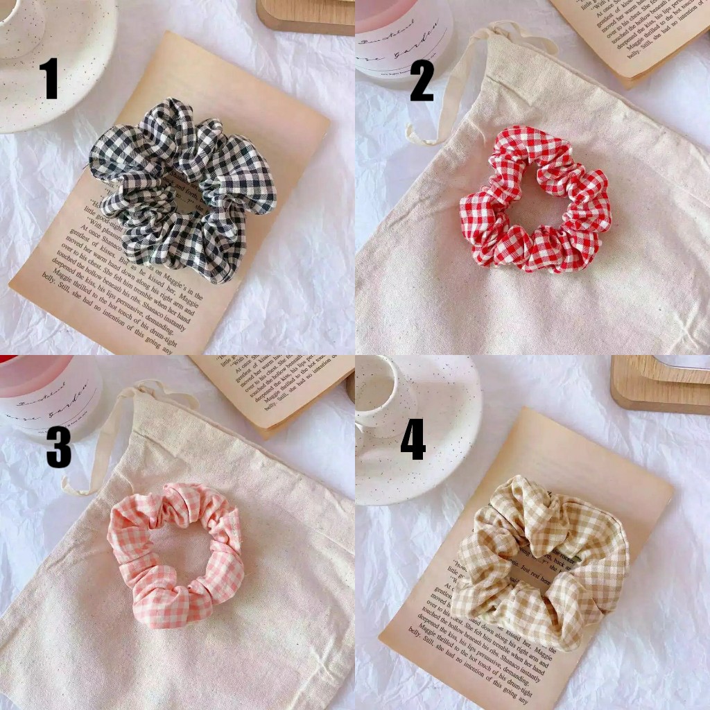 Ikat Rambut H167 1PCS Motif Garis Kotak-Kotak Scrunchie Bunga Tali Aksesoris Karet Rambut Korea AL