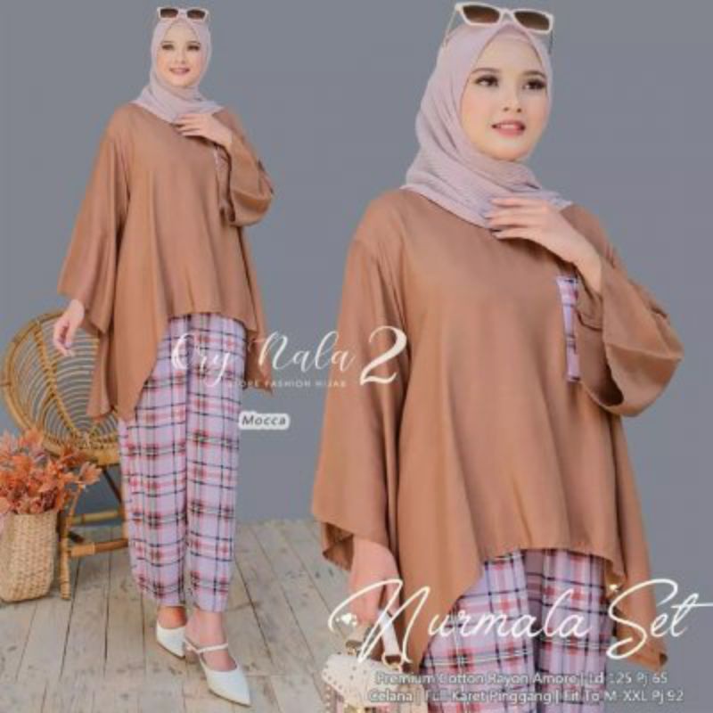 Baju Setelan Wanita Muslim Nurmala Set Celana Katun Rayon Polos Kotak Pakaian Dewasa Remaja Cewek