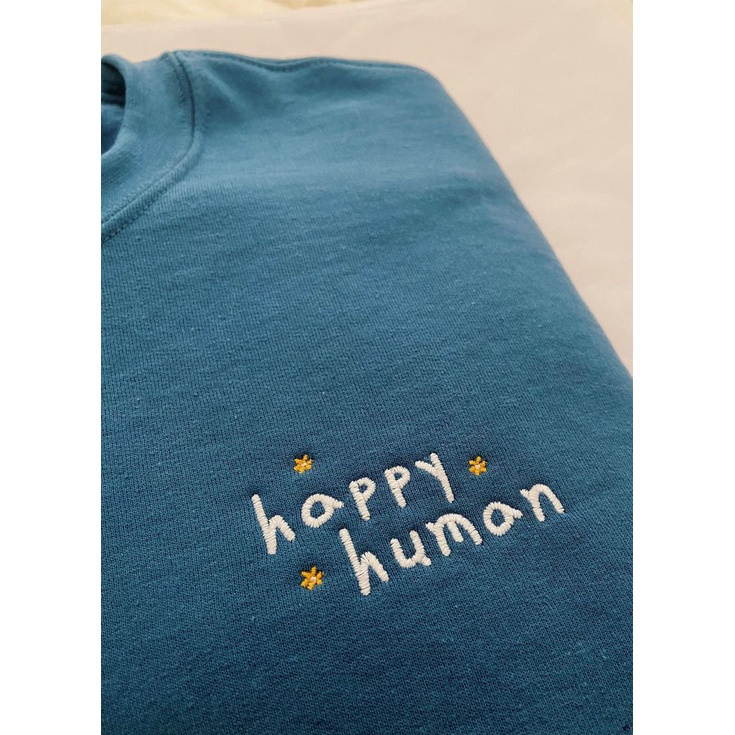 SWEATER UNISEX HAPPY HUMAN BORDIR FLEECE TEBAL HALUS PREMIUM KEKINIAN TERBARU''