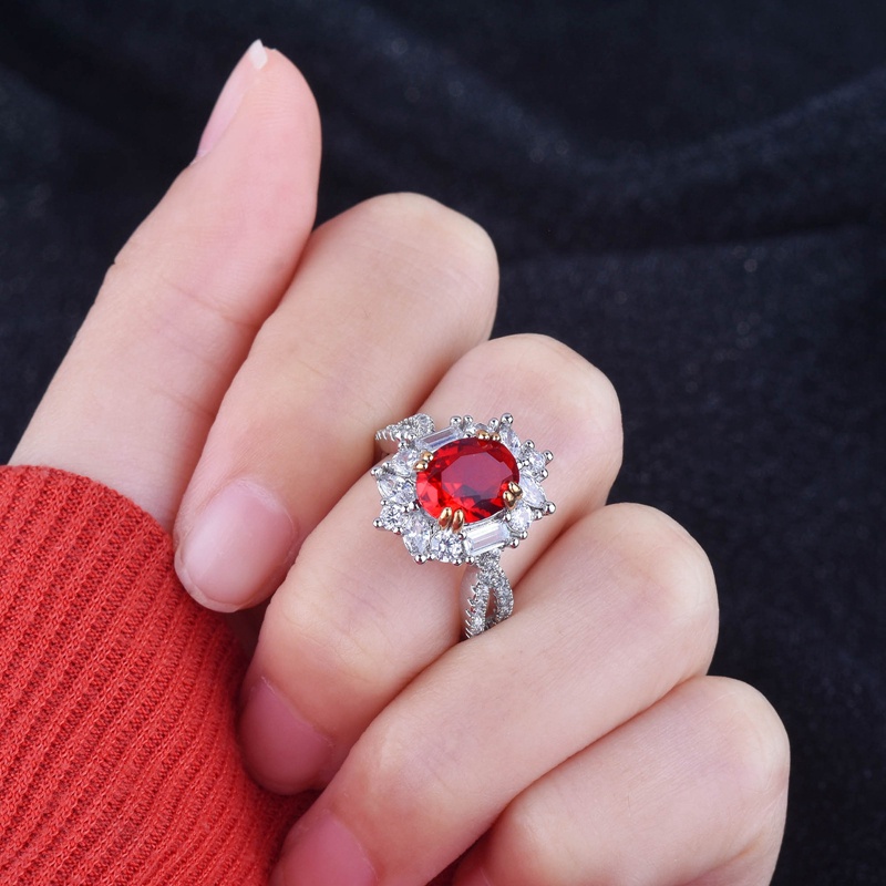 Fancyqube Cincin Sterling Silver 925 Model Terbuka Dengan Batu Zircon Oval Merah Vintage Untuk Wanita