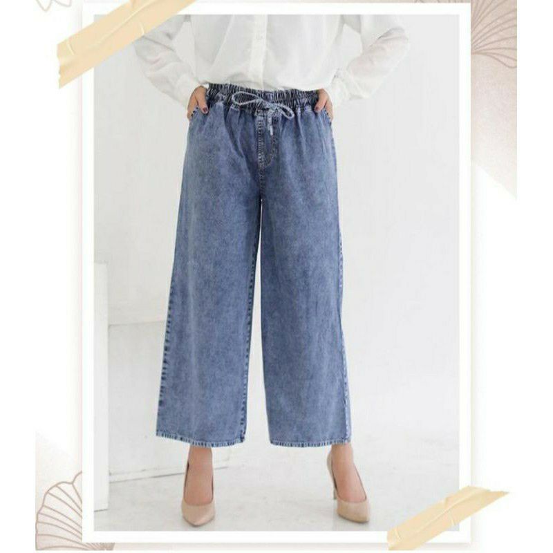 Celana kulot jeans wanita panjang high waist jumbo pinggang karet-biru snow