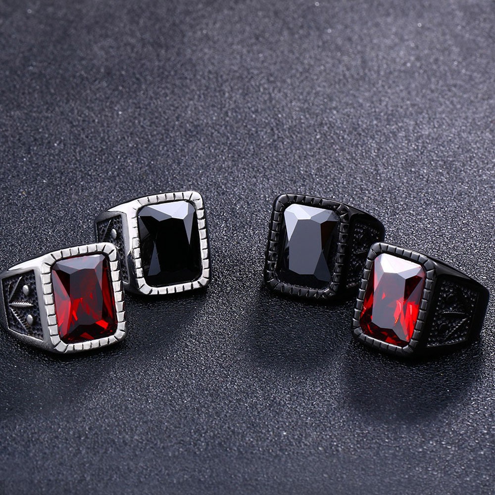 Cincin Baja Titanium Perak Batu Permata Merah Hitam Rubi Kristal Daun Maple Pria Wanita Punk Fashion Perhiasan Men Rings