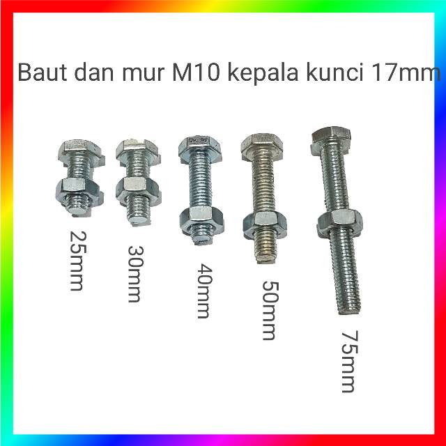 Baut dan mur M10 25 - 75mm kepala kunci 17