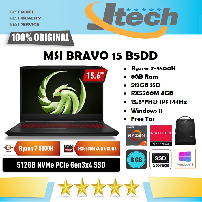 MSI BRAVO 15 B5DD 241ID - RYZEN 7-5800H - 8GB - 512GB SSD - RX5500M 4GB - 15.6&quot;FHD IPS 144Hz - W11