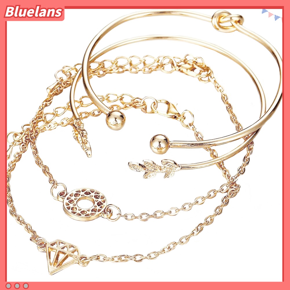4pcs / Set Gelang Bangle Model Terbuka Bentuk Daun Simpul Hollow Aksen Kristal Gaya Boho Untuk Wanita