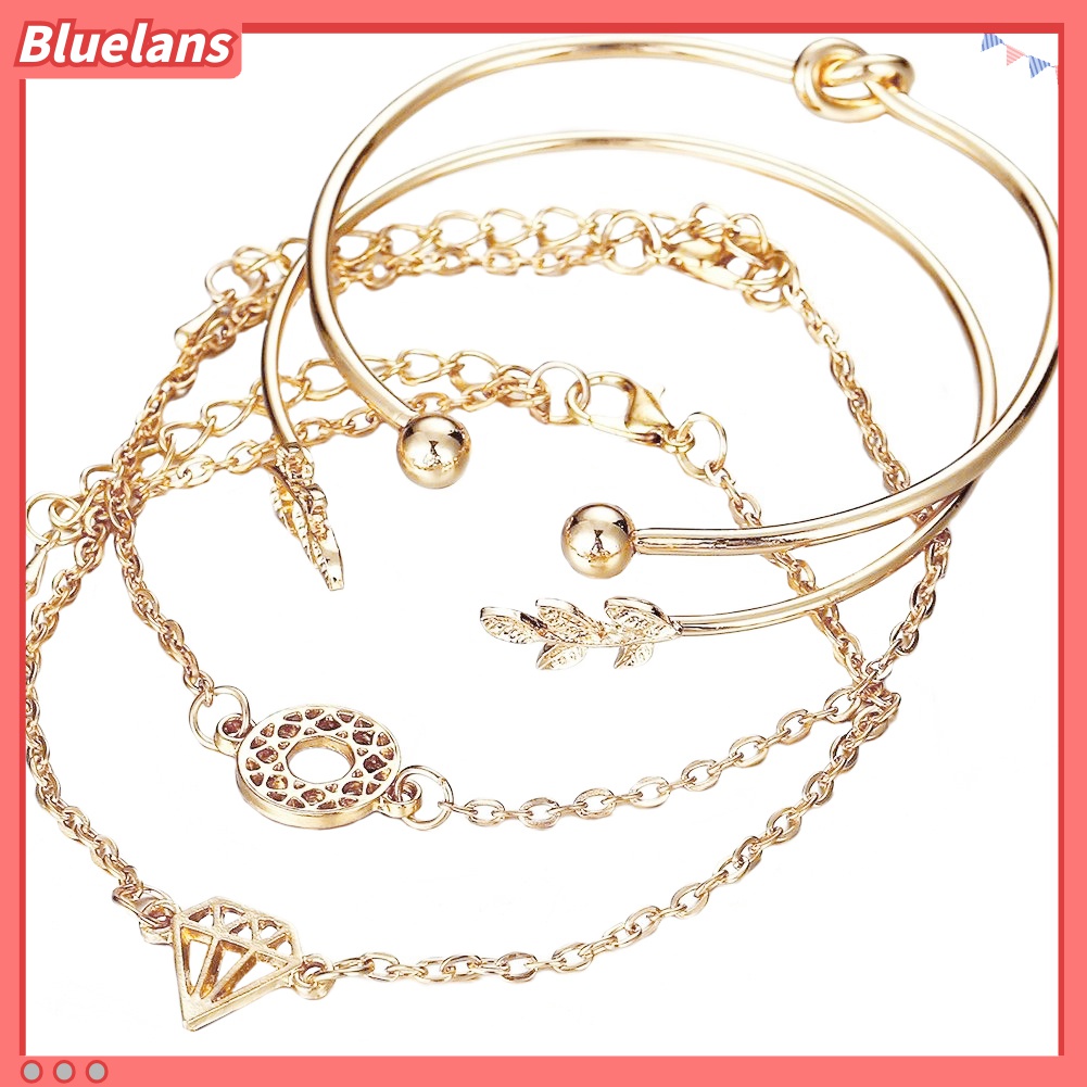 4pcs / Set Gelang Bangle Model Terbuka Bentuk Daun Simpul Hollow Aksen Kristal Gaya Boho Untuk Wanita