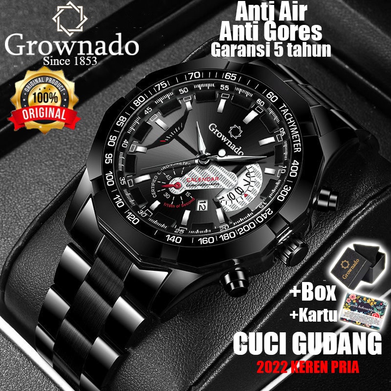 【Harga Terendah】✅Jam Tangan Pria ✔ Anti Air + Anti Gores Grownado Original Keren Fashion Watch Quartz Bisnis Kalender Stainless Steel (Free BOX-Kartu)