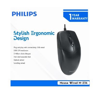 Mouse philips wired usb 2.0 optical 1000dpi 3d for office gaming pc cpu laptop m-234 m234 spk7234