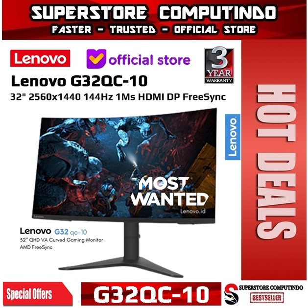 monitor led lenovo g32qc g32qc10 qhd curved 144hz hdmi dp freesync