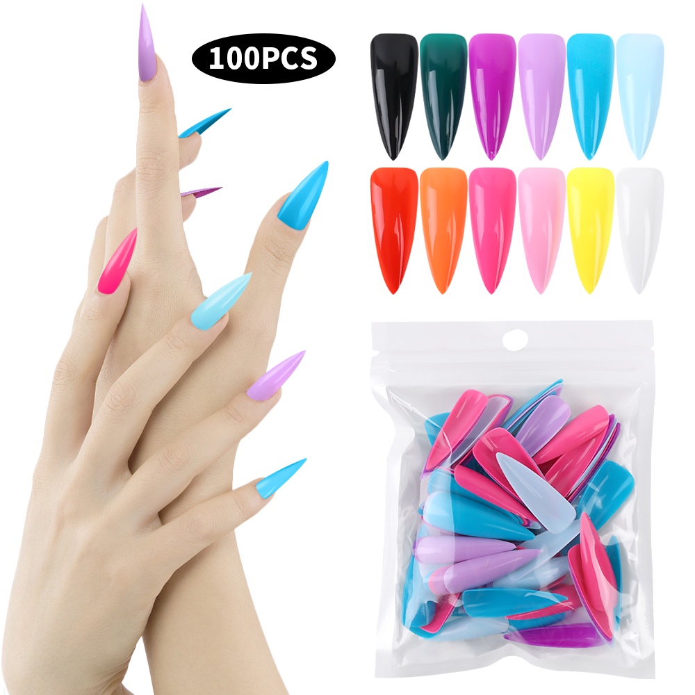 100pcs / Set Kuku Palsu Akrilik Panjang Full Coverage Warna Polos Untuk Nail Art / Manicure DIY