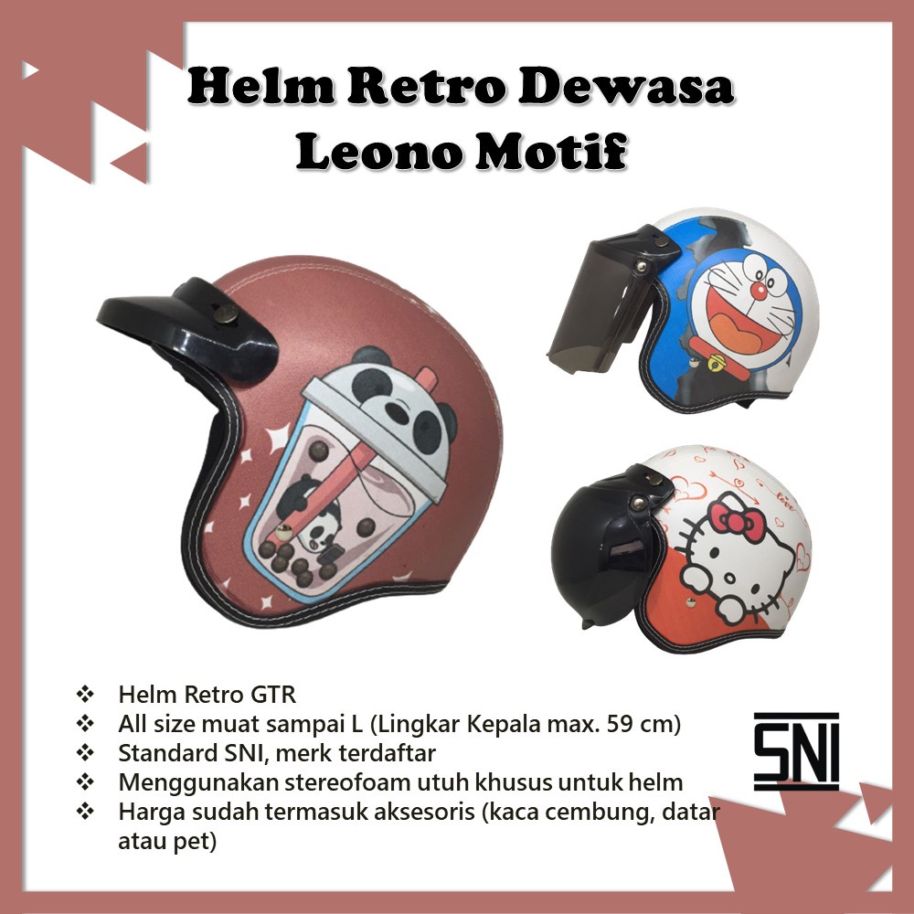 Helm Retro Bogo GTR Dewasa LEONO Motif Full Kulit Murah Lucu Plus Kaca Cembung