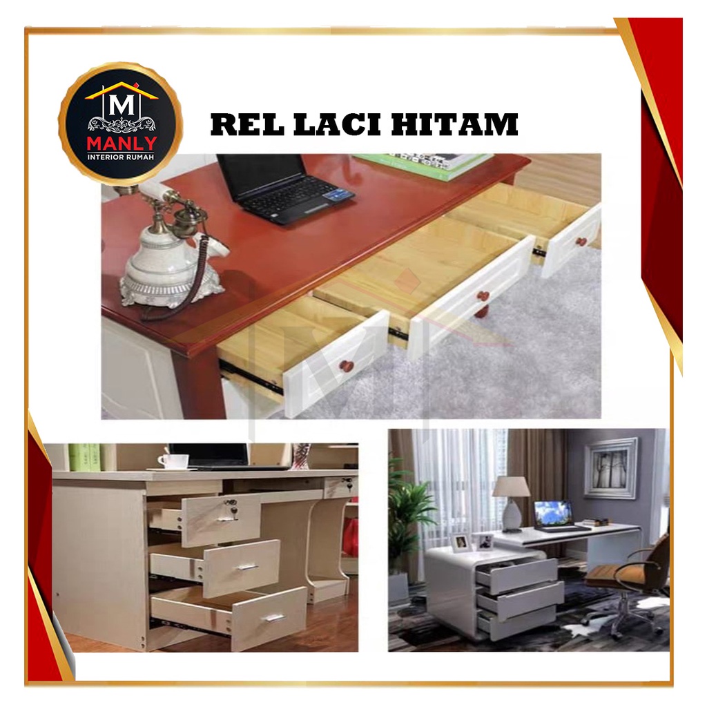 Rel Laci (Hitam) 30 Cm 1 set (2 pcs)  Double Track Mapla Full Extention 3,5cm ( 2x Tarik) Free Skrup