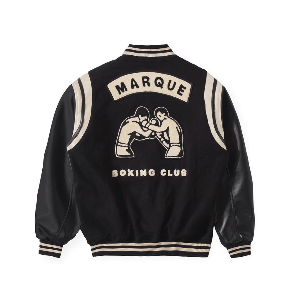 MARQUE.CO BOXING CLUB VARSITY JACKET, dengan Material Terbaik, Bordir Handuk Towel Embroidery, Leather, Warna Hitam, Untuk Pria &amp; Wanita