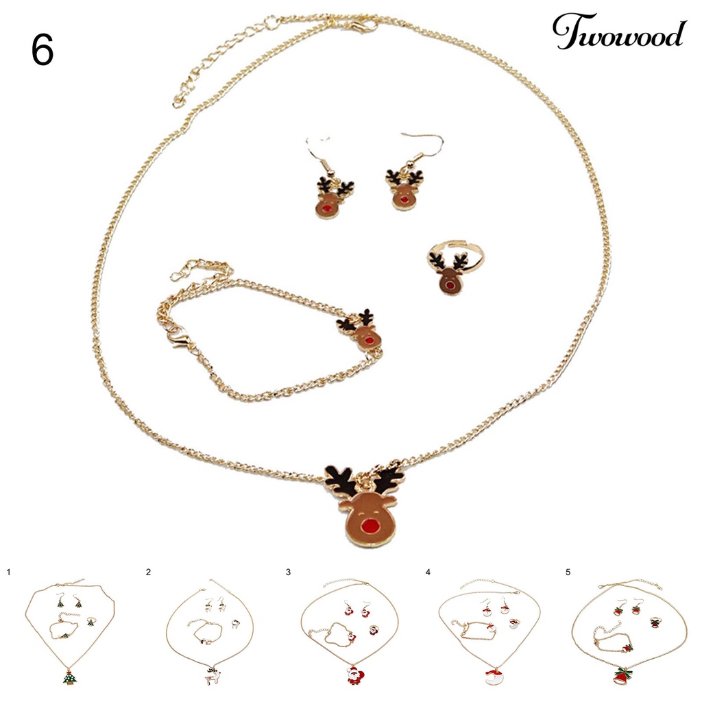 4pcs / Set Perhiasan Kalung Anting Cincin Gelang Liontin Rusa Natal Warna Terang Bahan Alloy