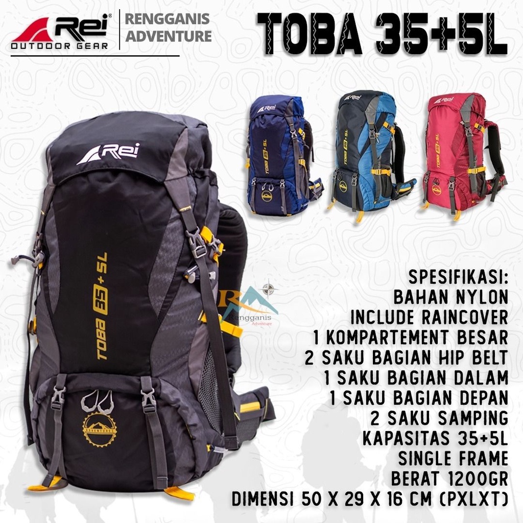 Tas Carrier AREI TOBA 35 UP TO 40 LITER Ransel Hiking REI OUTDOOR GEAR 35 + 5 LITER Free Coverbag