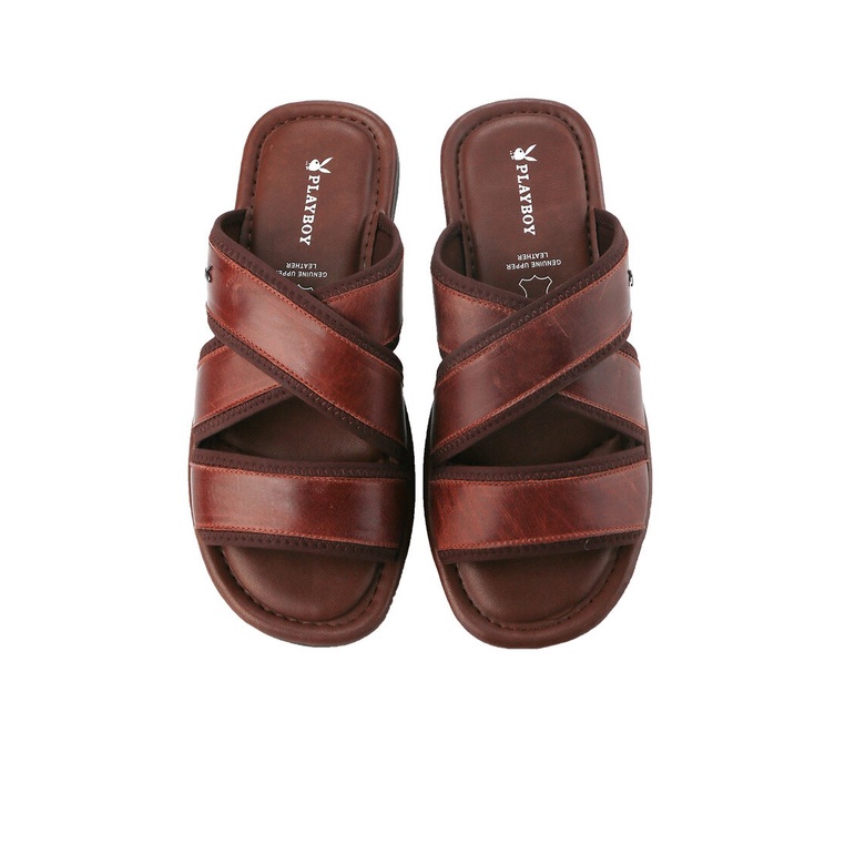 SANDAL SLIDE KULIT PLAYBOY PRIA ORIGINAL CASUAL BRANDED COKLAT PL26