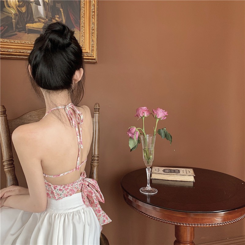 Bahasa Perancis Manis Bunga Kamisol Wanita Pink Pendek Sexy Backless Renda Atasan Pakaian Luar