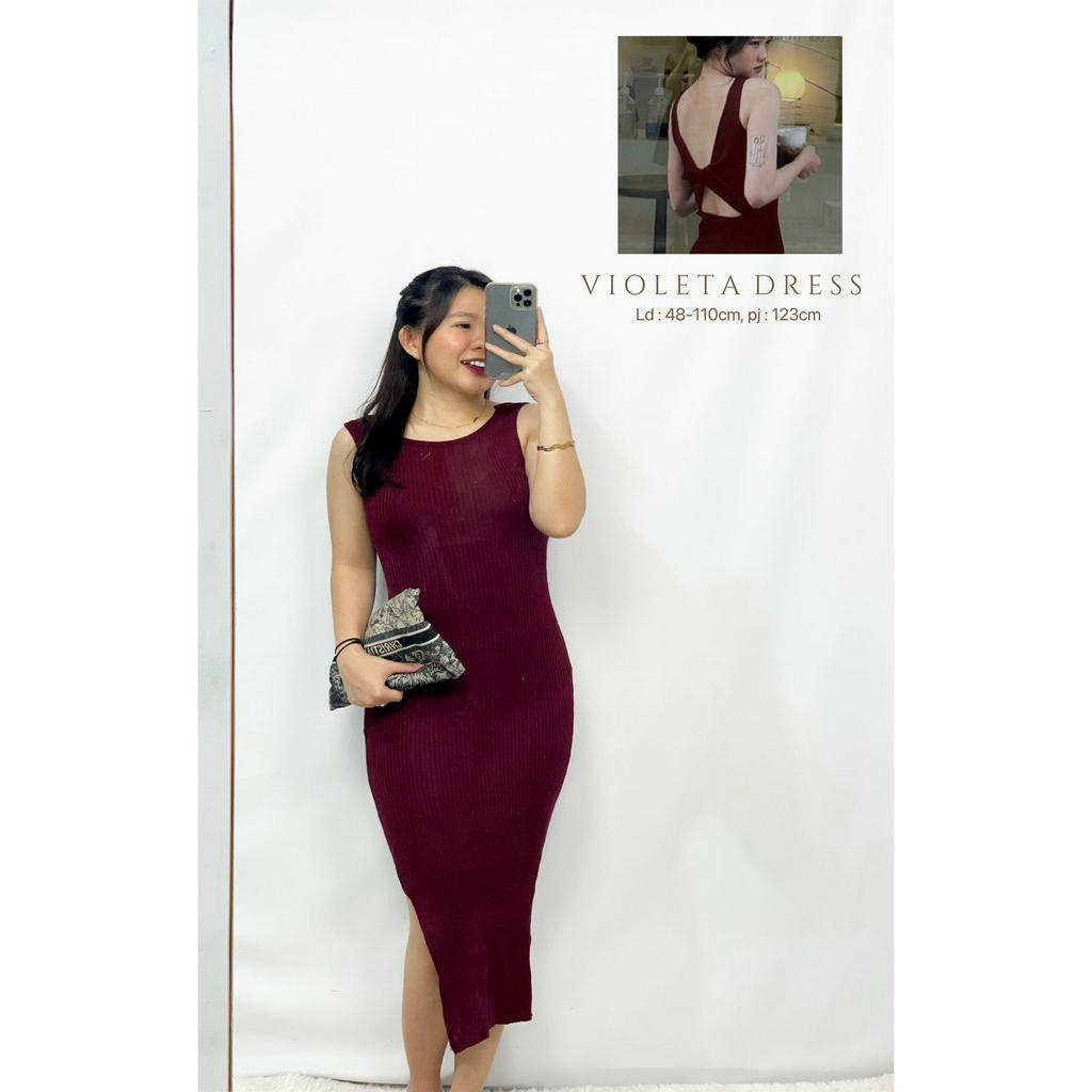 Midi Dress Tanpa Lengan Bahan Rajut Premium Dress Violeta HOPYLOPY