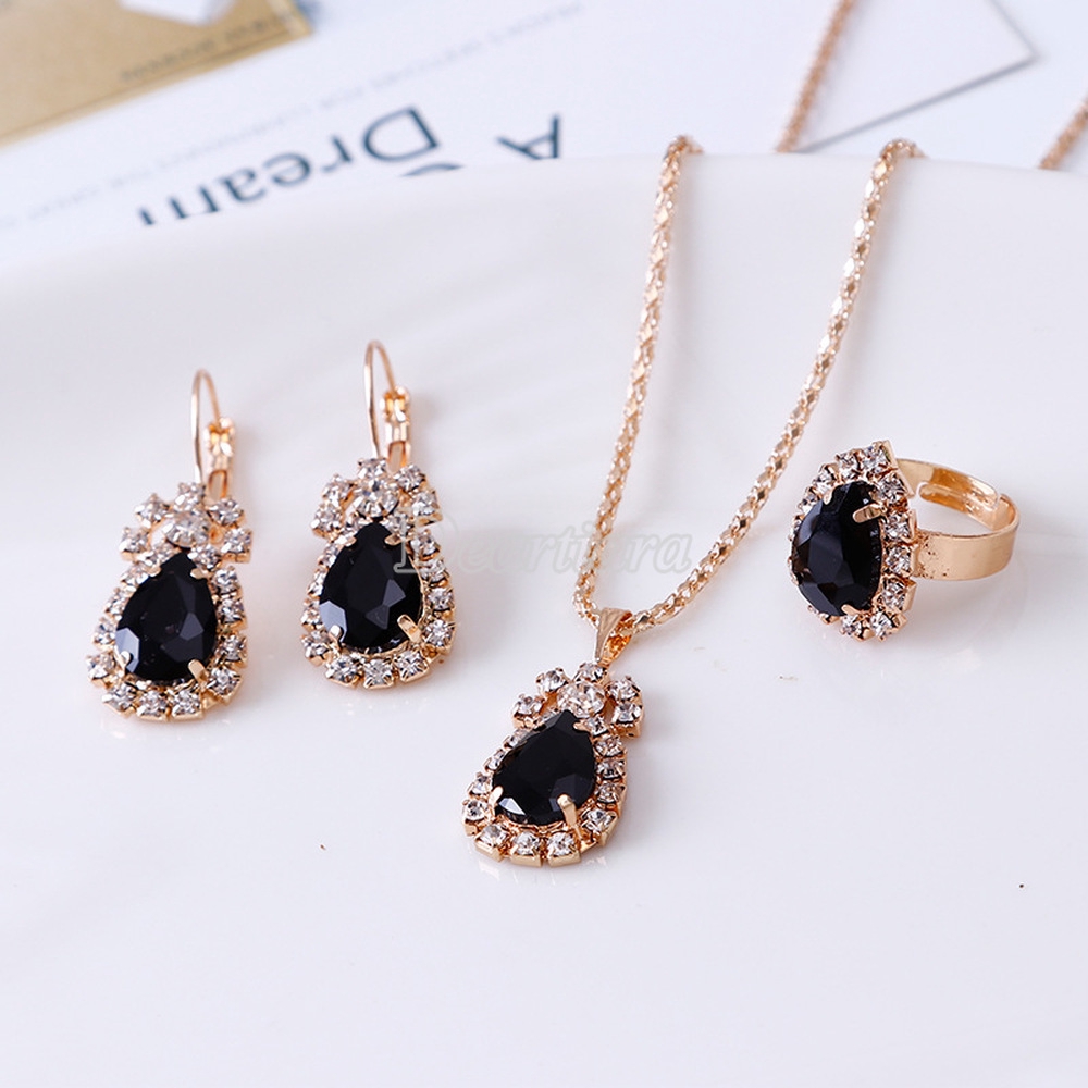 Set Perhiasan Kalung Anting Cincin Berlian Imitasi Bentuk Tetesan Air Untuk Pengantin