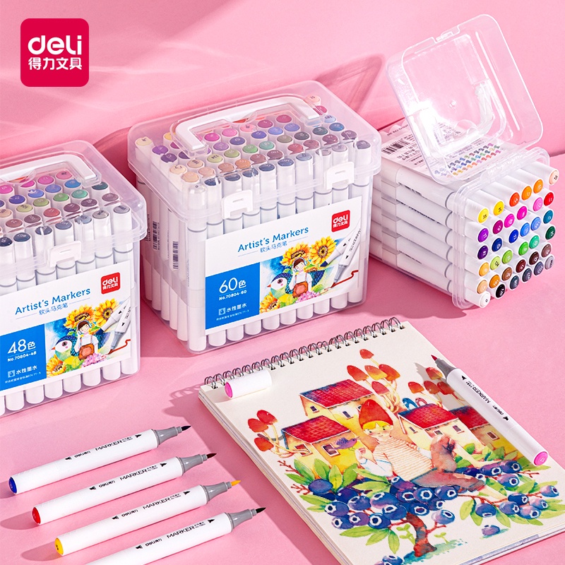 

✺☃✟Set spidol berbasis air 24 warna yang kuat, spidol berkepala dua, 48 warna yang dapat dicuci, sen