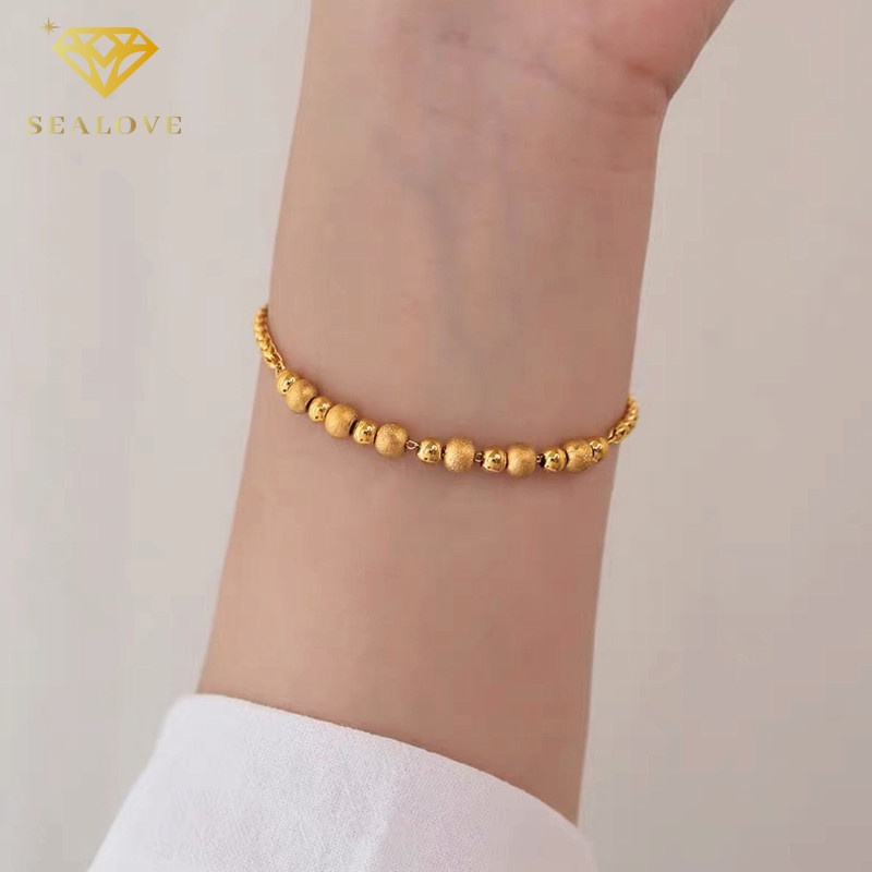 SEALOVE Gelang Titanium Asli Manik-Manik Emas 18K Cantik Anti Karat Perhiasan Wanita Korea