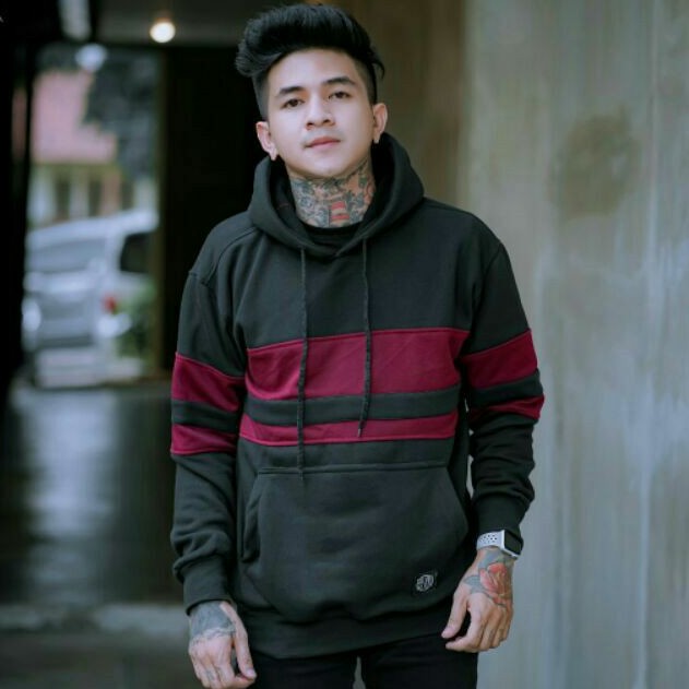 SALVIOHEXIA Sweater Hoodie Polos Jaket Pria Black Maroon