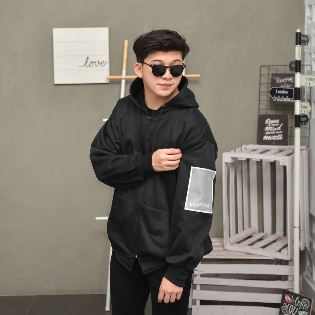 UmarDenim Zipper Hoodie Lucky Five Hitam Oversize