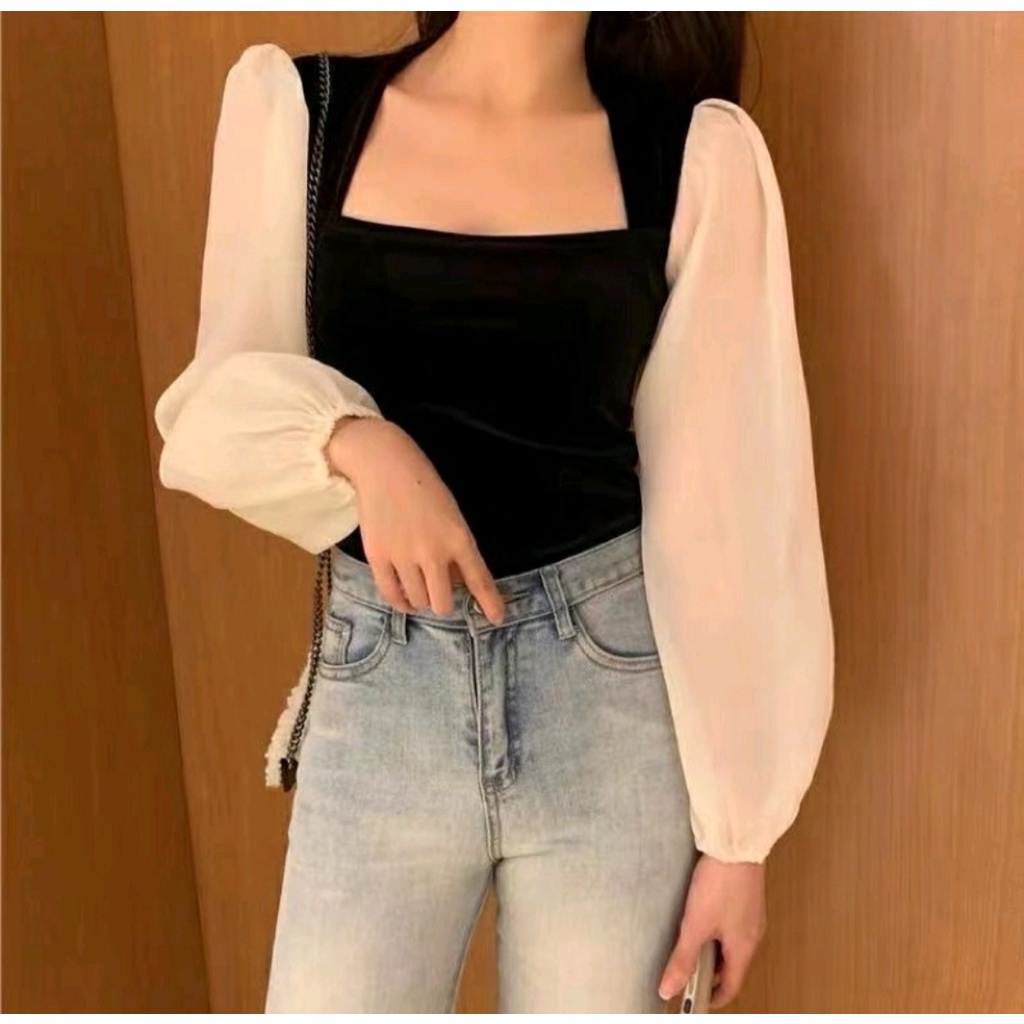 Ansel Velvet Square Neck Top Chiffon Blouse Patricia Square Neck Velvet Puffy Blouse Square Top Long