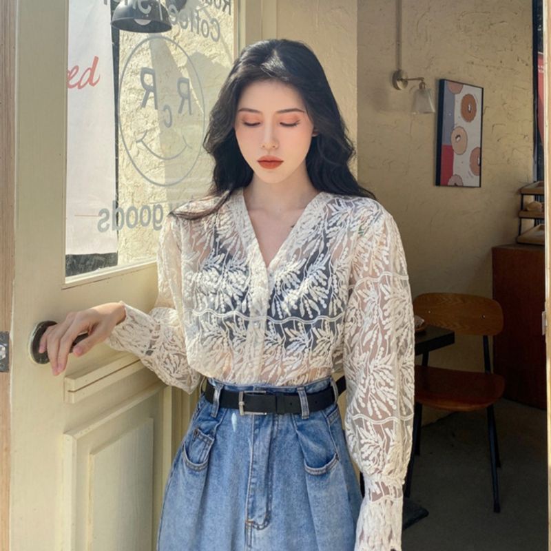 4567 Baju Atasan Auter brokat Lace bunga lengan balon kancing realpic import murah wanita Baju Atasa