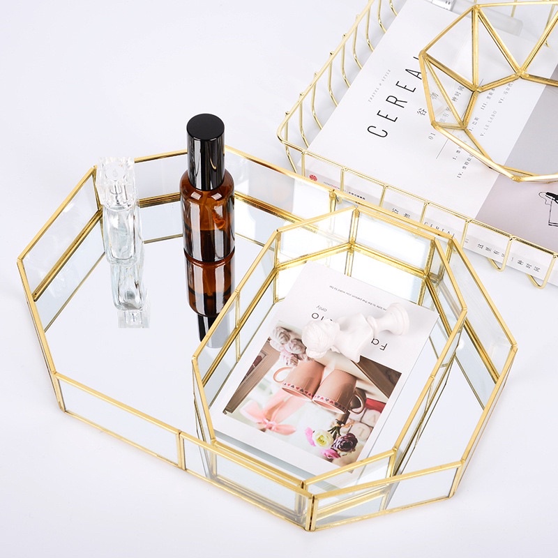 Nordic Terrarium Gold Mirror Glass Tray / Baki Kaca Emas / Dekor Rumah Pajangan meja 8 SISI tempat asesoris ukuran BESAR ala INST