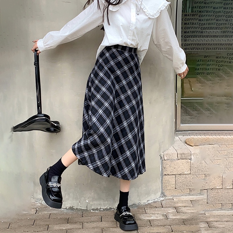 Newlan QZ010 Rok Kotak Kotak Panjang Motif Rok Korean Style Panjang Naya Skirt Kotak Long Skirt-2