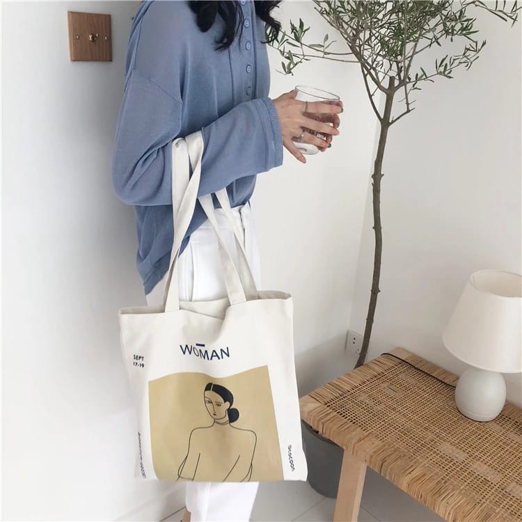 Twenty Bag - Tas Tote Bag Wanita Non Resleting Terbaru 2021 Aesthetic Kekinian Motif Carakter WOMAN Korea Style Multifungsi