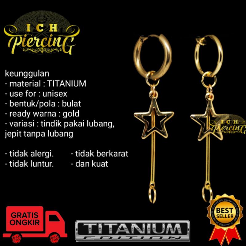 anting Hoop batang bintang ring gold / anting titanium warna gold / anting tindik dan jepit warna gold / ICH PIERCING