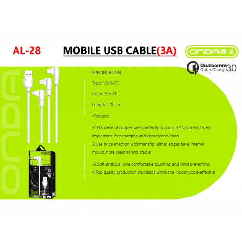 AL-28 ONDA Iphone Kabel Data USB Lighting Fast Charging 3.0A 120cm Quality Trusted Bahan Tebal