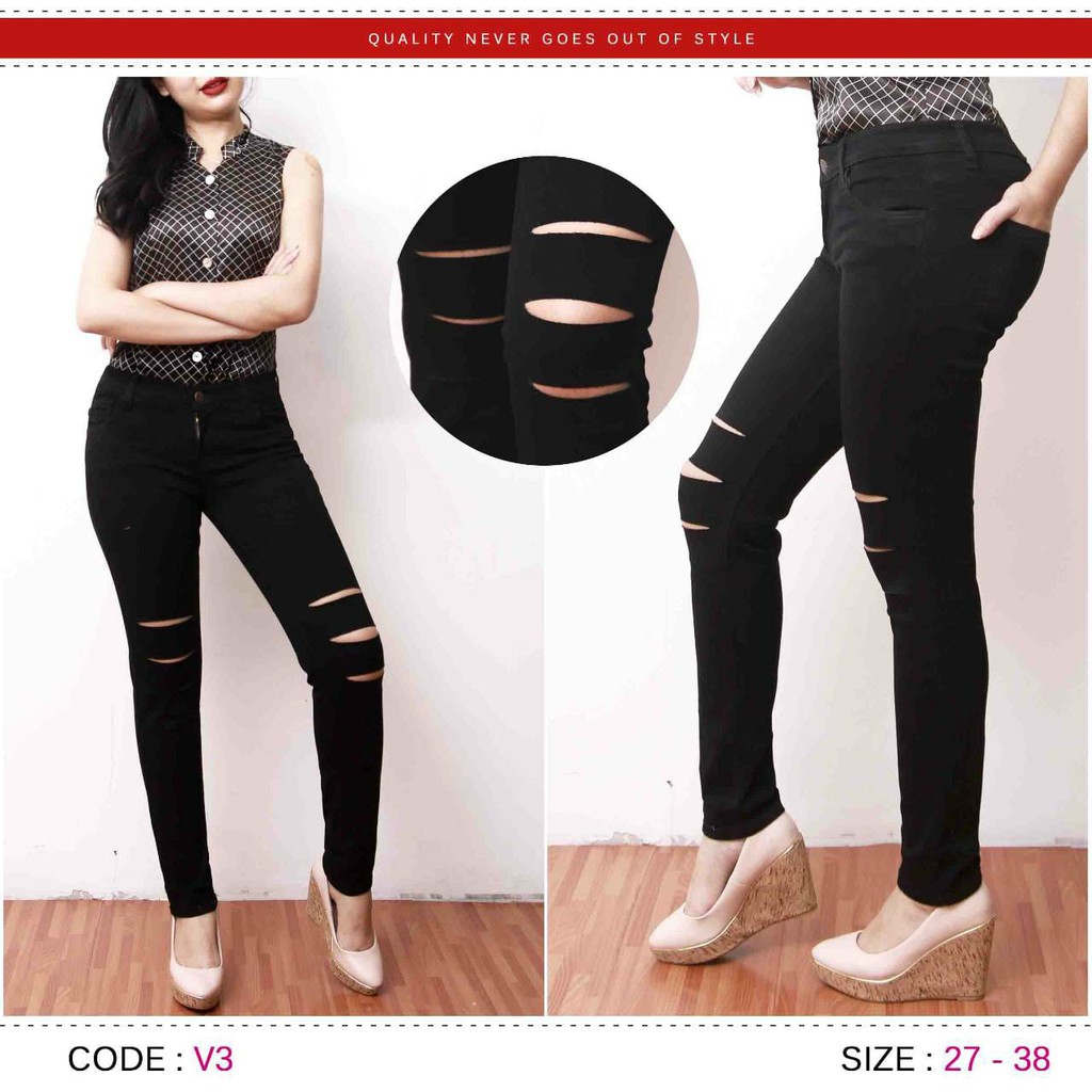 BISA COD Celana Jeans Cewek Wanita Knee Cut V3 Sobek BISA COD Celana Jeans Cewek Wanita Knee Cut V3 Sobek
