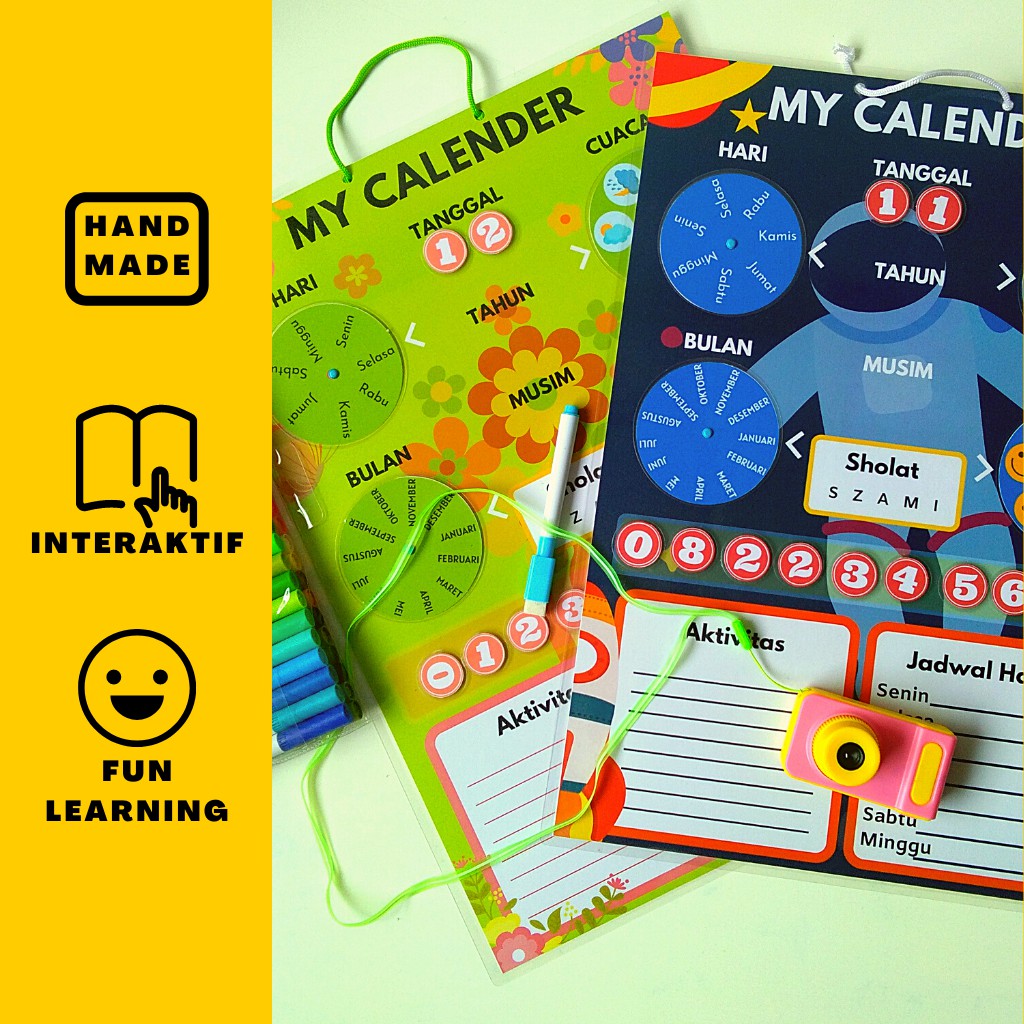 

Kalender dinding edukasi anak 2022 wipe clean with pen and reusable sticker magnet/velcro
