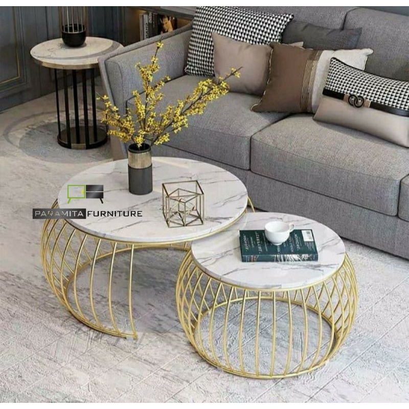 meja bulat bundar rangka besi top marmer carara ruang tamu