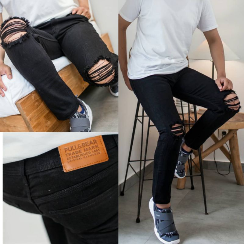 Celana Jeans Pria Sobek Lutut 27-38 robek ripped softjeans slimfit skinny destroy premium hitam