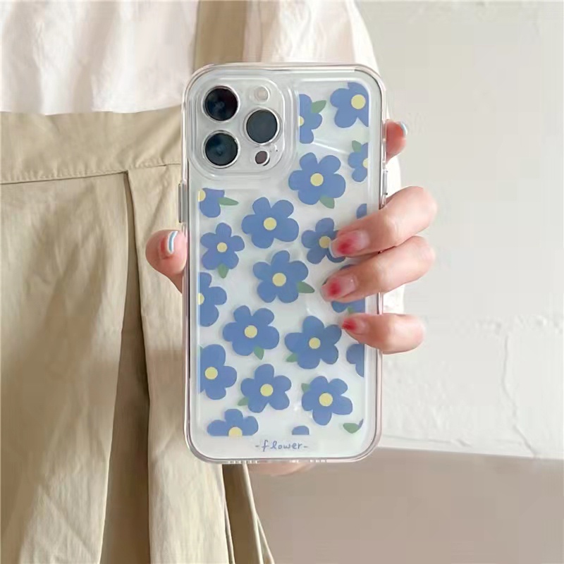 Case Bahan Akrilik Transparan Motif Bunga Biru Untuk iPhone 11 7Plus 8Plus Xr XS 13 12 Pro Max