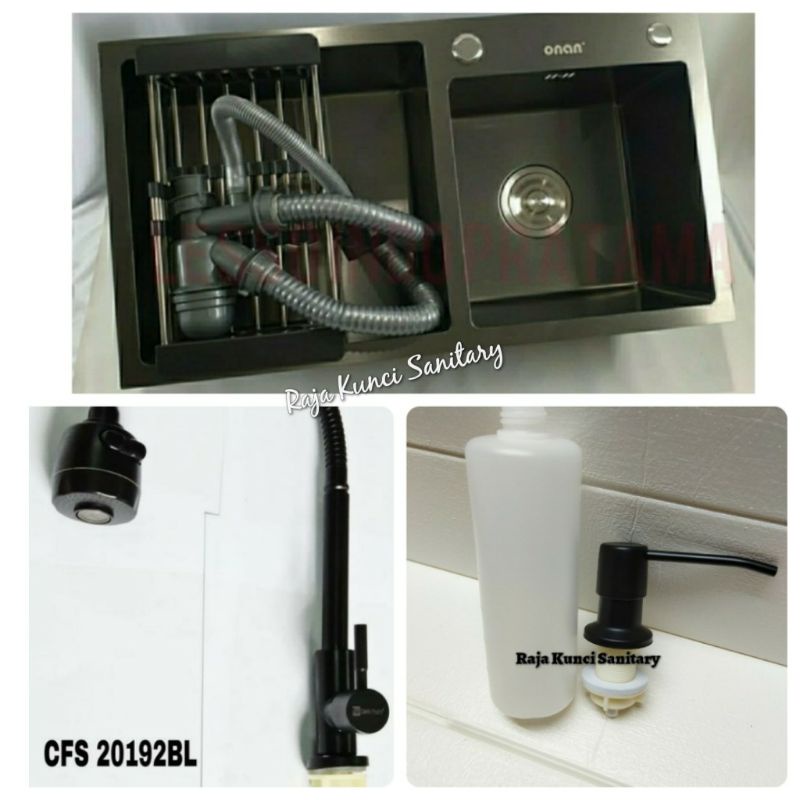 Kitchen Sink 7541 Hitam Onan Golden Hand+Kran Cuci Piring+Tempat Sabun Cair Hitam