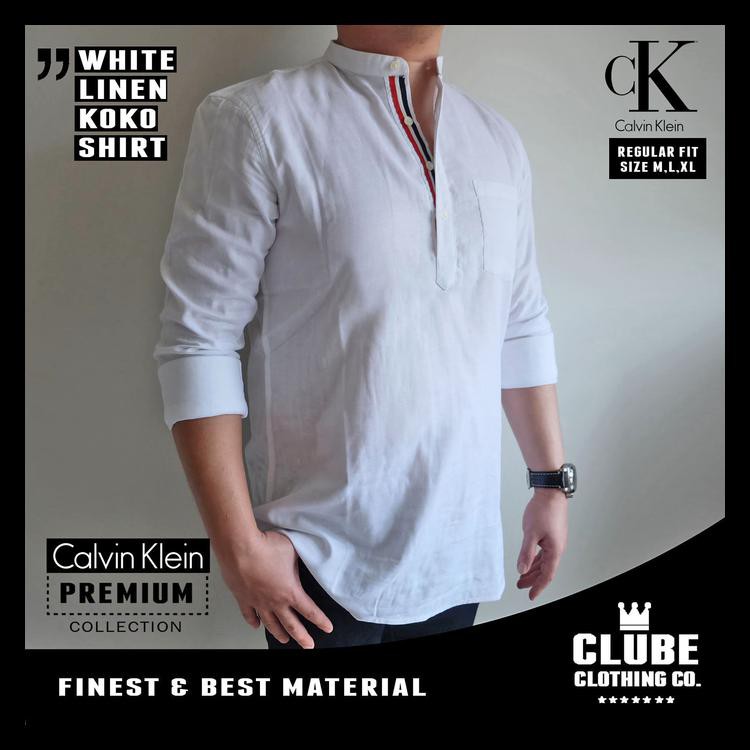 paling murah baju koko putih / kemeja koko putih / kemeja putih pria - Putih, L terbaik