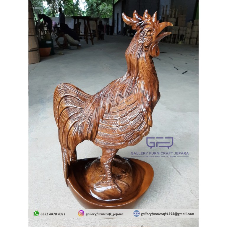 Patung Ayam Jago Kayu Trembesi Solid