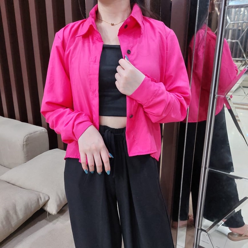 Tq88indonesia Baju Kemeja Cewek BELFIE CROP / Atasan Wanita Terbaru / Kem Polos Lengan Panjang / Ootd Kekinian