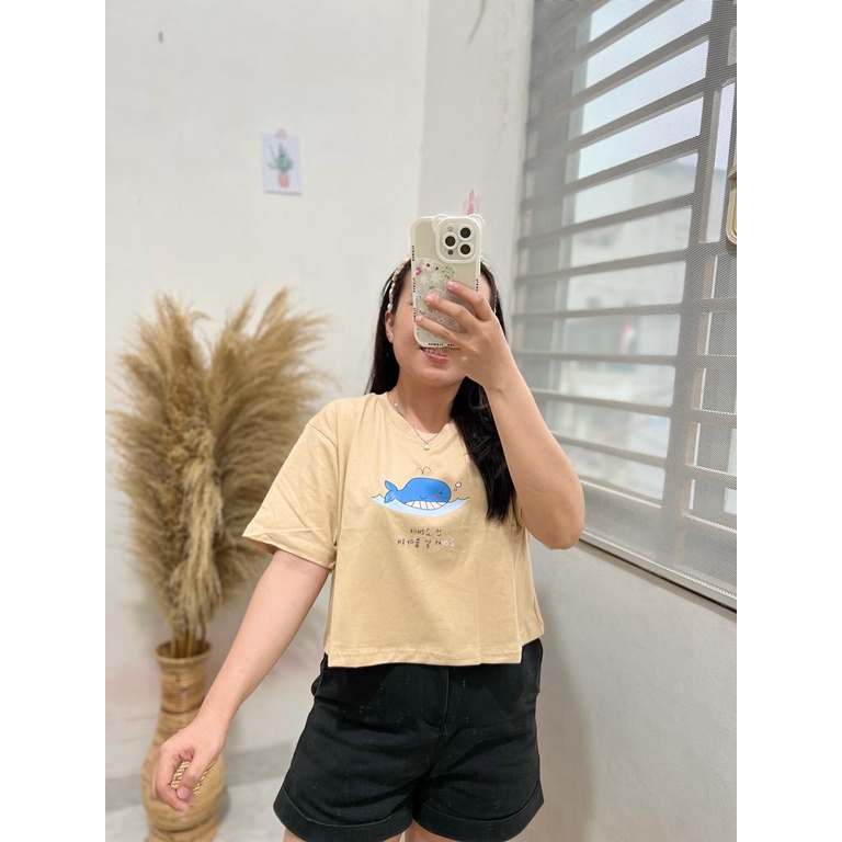 CROP BEIGE MOTIF ONECK COTTON OVERSIZE | BAJU KAOS TUMBLR CROP TEE TSHIRT KAOS KOREA FASHION WANITA